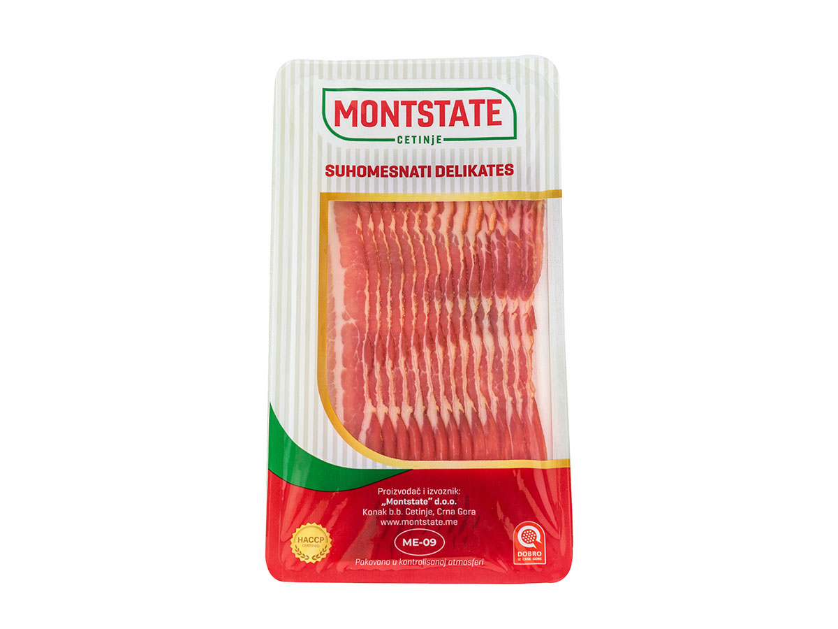 Dry-cured bacon sliced and vacuum-packed